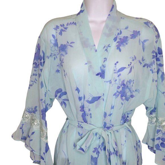 LA Intimates Knee Length Sheer Robe M Blue Lavender Floral Ruffled Lace Sleeve - Picture 8 of 13